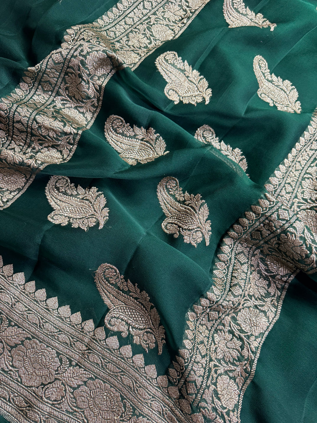 Bottle GreenPure khaddi Chiffon Silk Banarasi Saree
