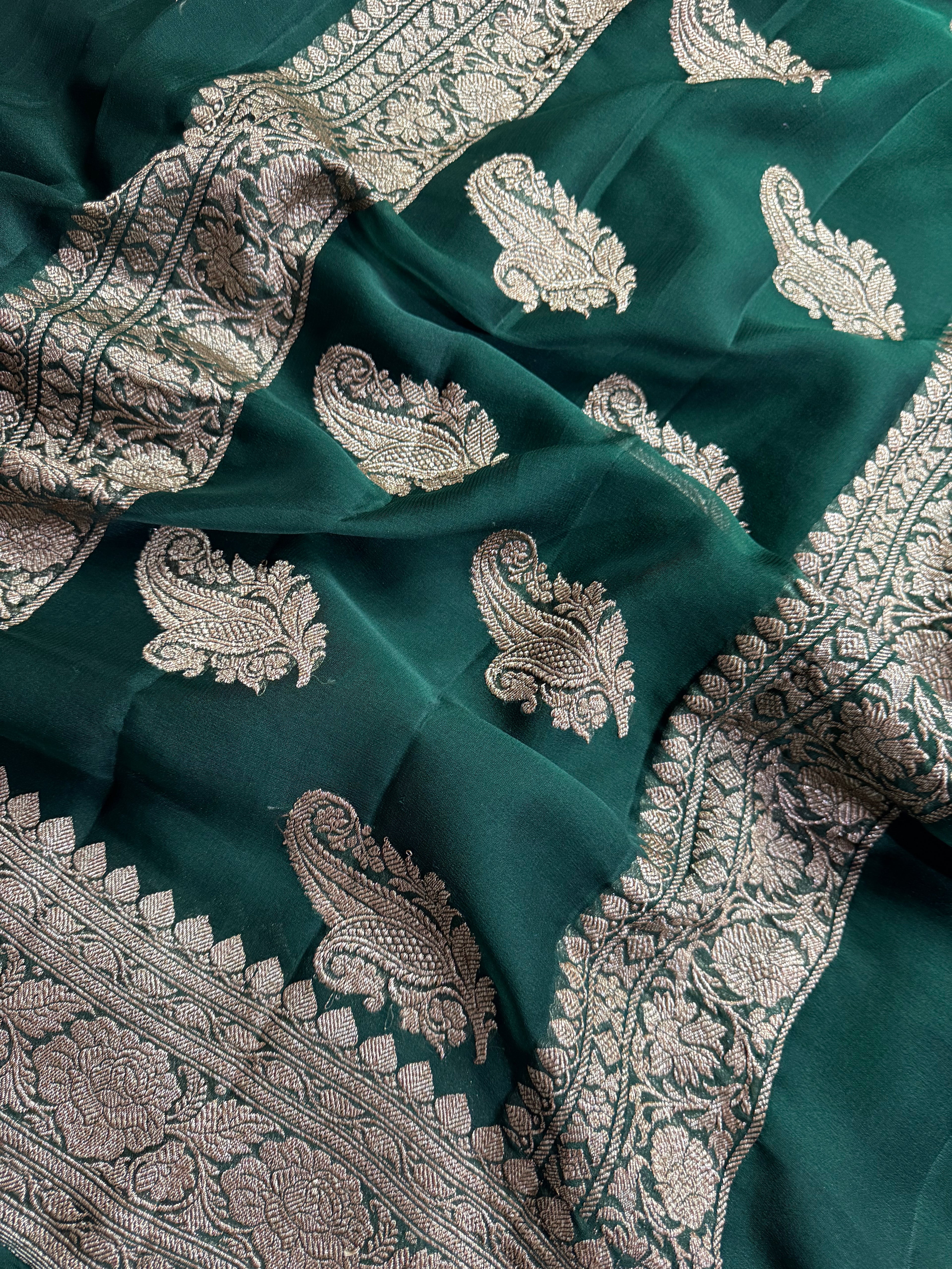Bottle GreenPure khaddi Chiffon Silk Banarasi Saree