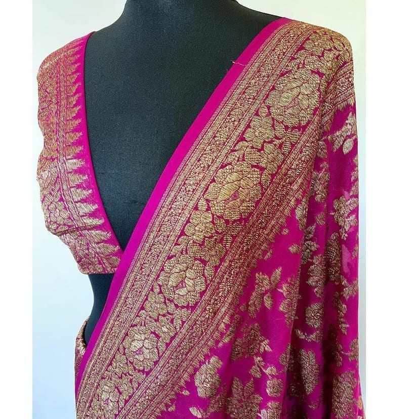 Rani Pink Pure Khaddi Georgette Silk Banarasi Saree