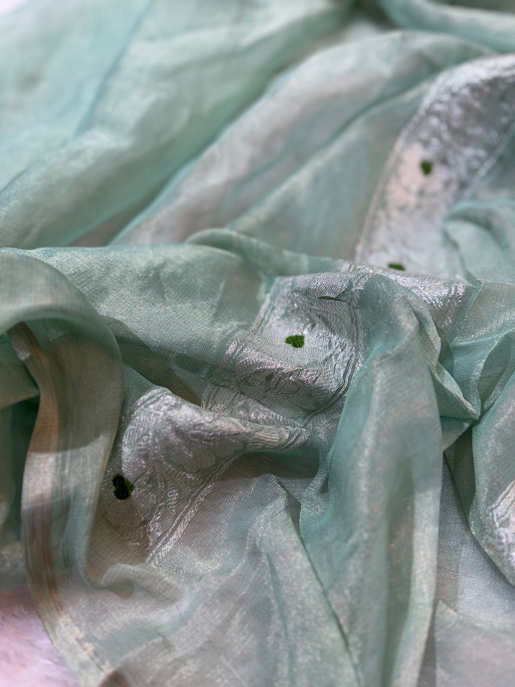 Light Sea Green Pure Khaddi Tissue Chiffon Sona & Roopa Meenakari Banarasi Saree