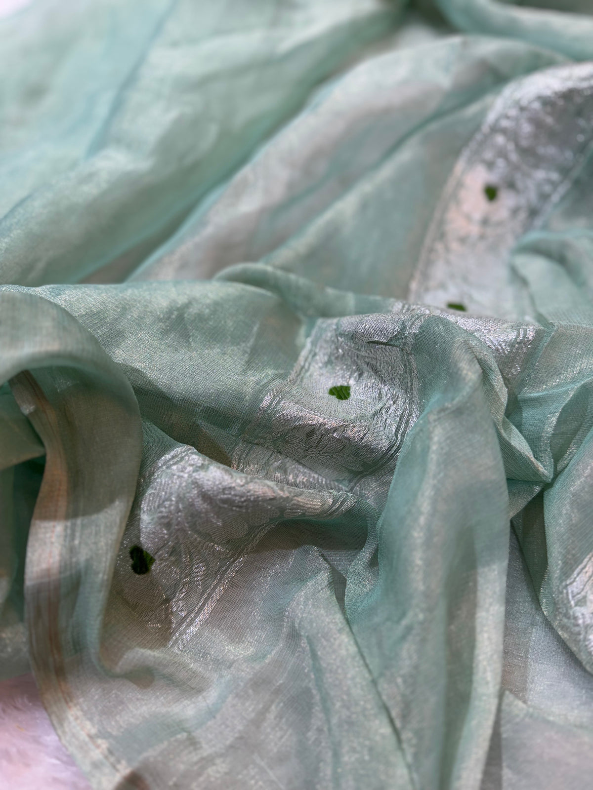 Light Sea Green Pure Khaddi Tissue Chiffon Sona & Roopa Meenakari Banarasi Saree
