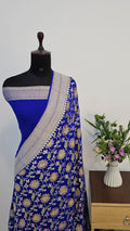 Royal Blue Handbrush Meenakari Pure Khaddi Georgette Silk Banarasi Saree