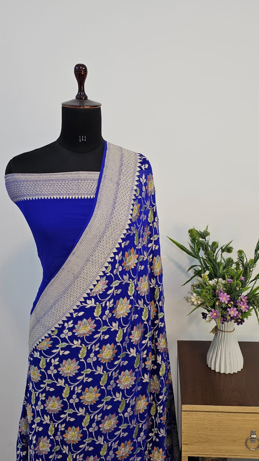 Royal Blue Handbrush Meenakari Pure Khaddi Georgette Silk Banarasi Saree