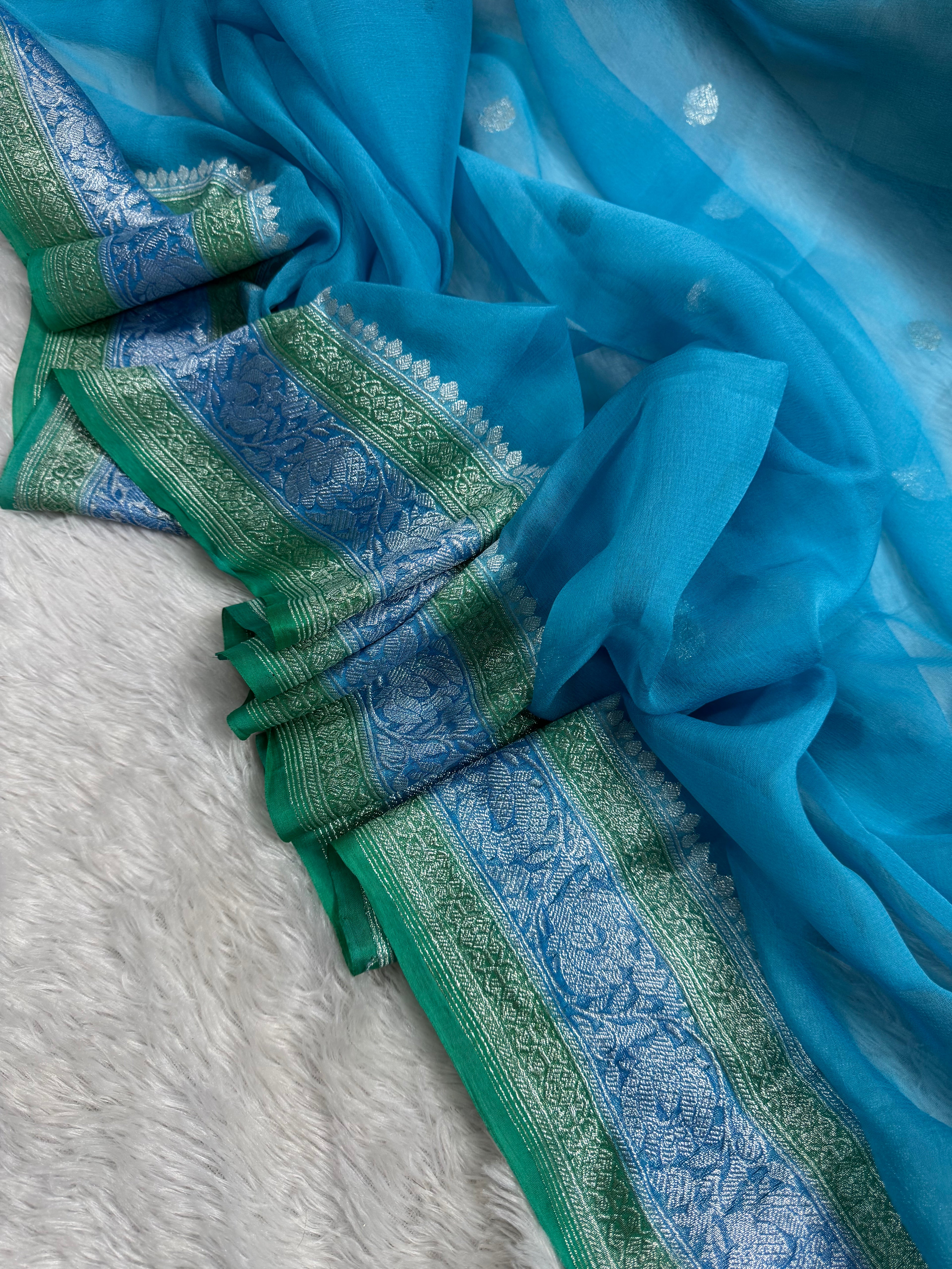Sky Blue 3D Pure Khaddi Chiffon Silk Banarasi Saree