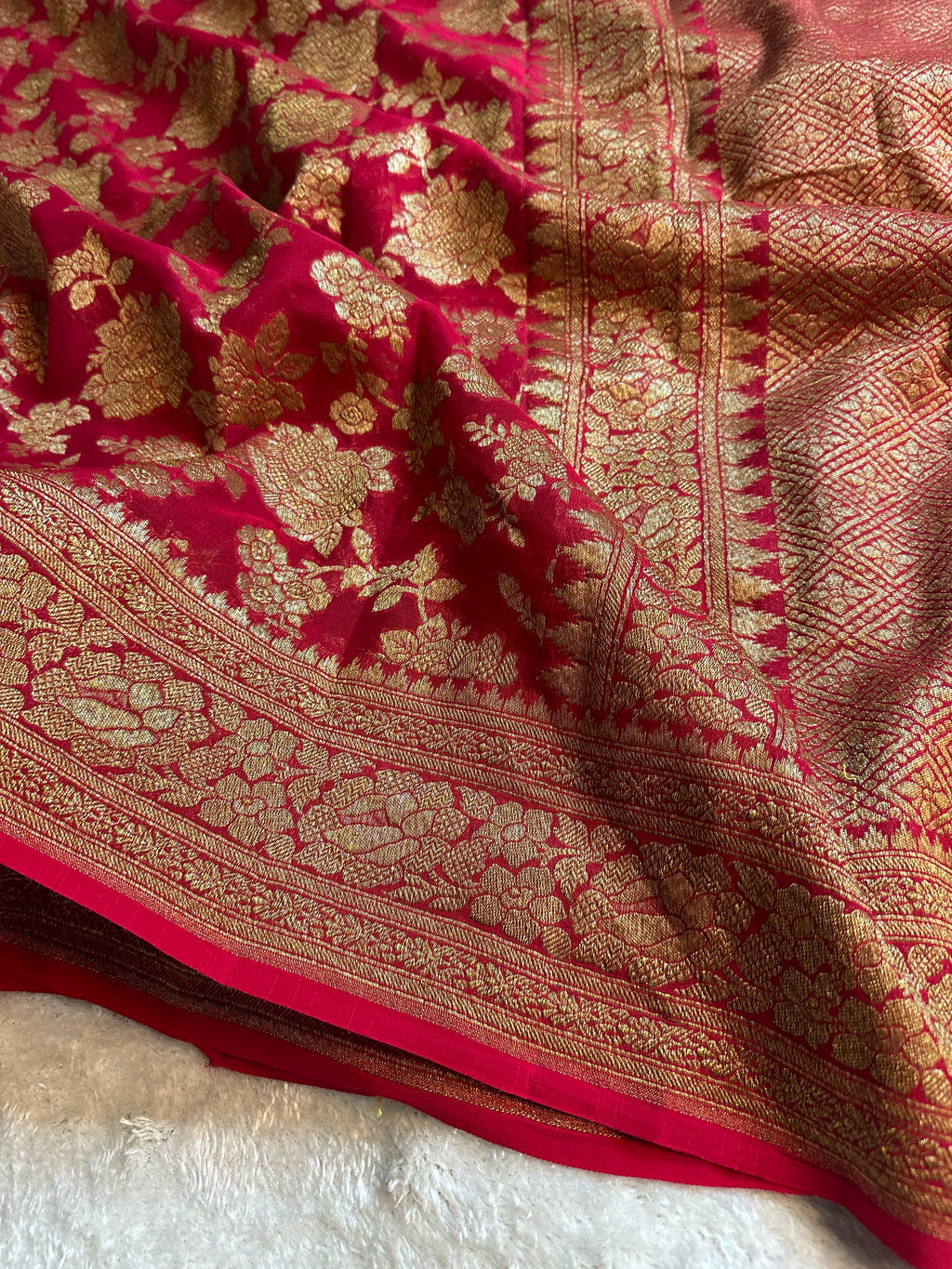 Red Pure Khaddi Georgette Silk Banarasi Saree