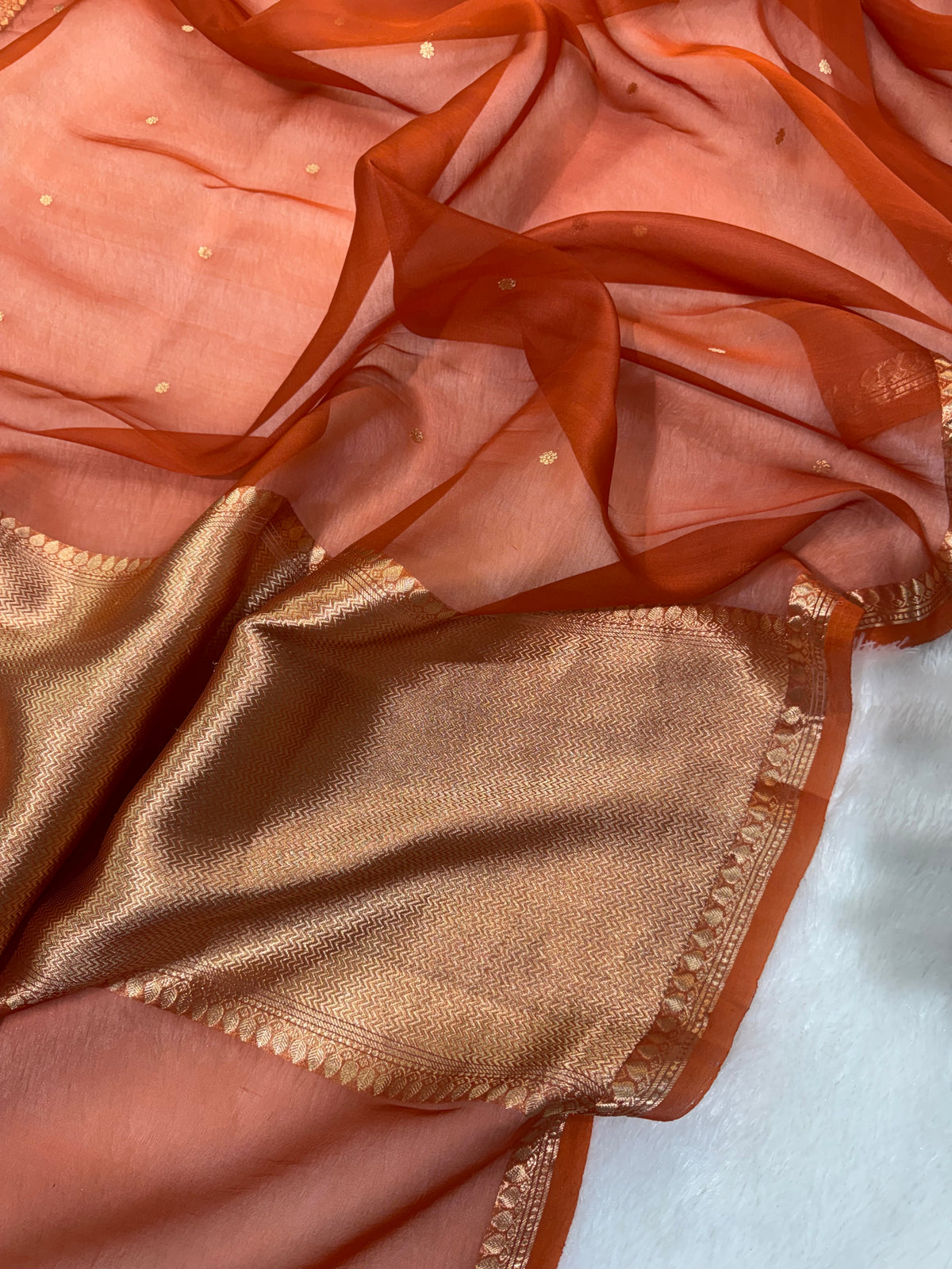 Rust Orange Pure Kora Organza Silk Banarasi Saree
