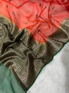Orange & Bottle Green Pure Kora Organza Silk Banarasi Saree