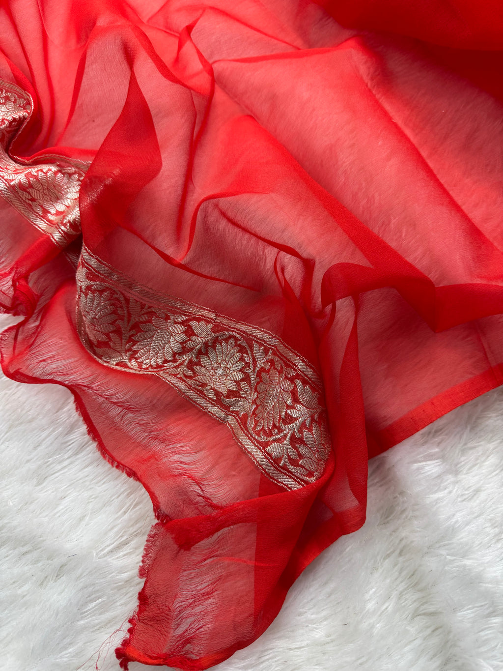 Orange Pure Khaddi Chiffon Silk Banarasi Saree
