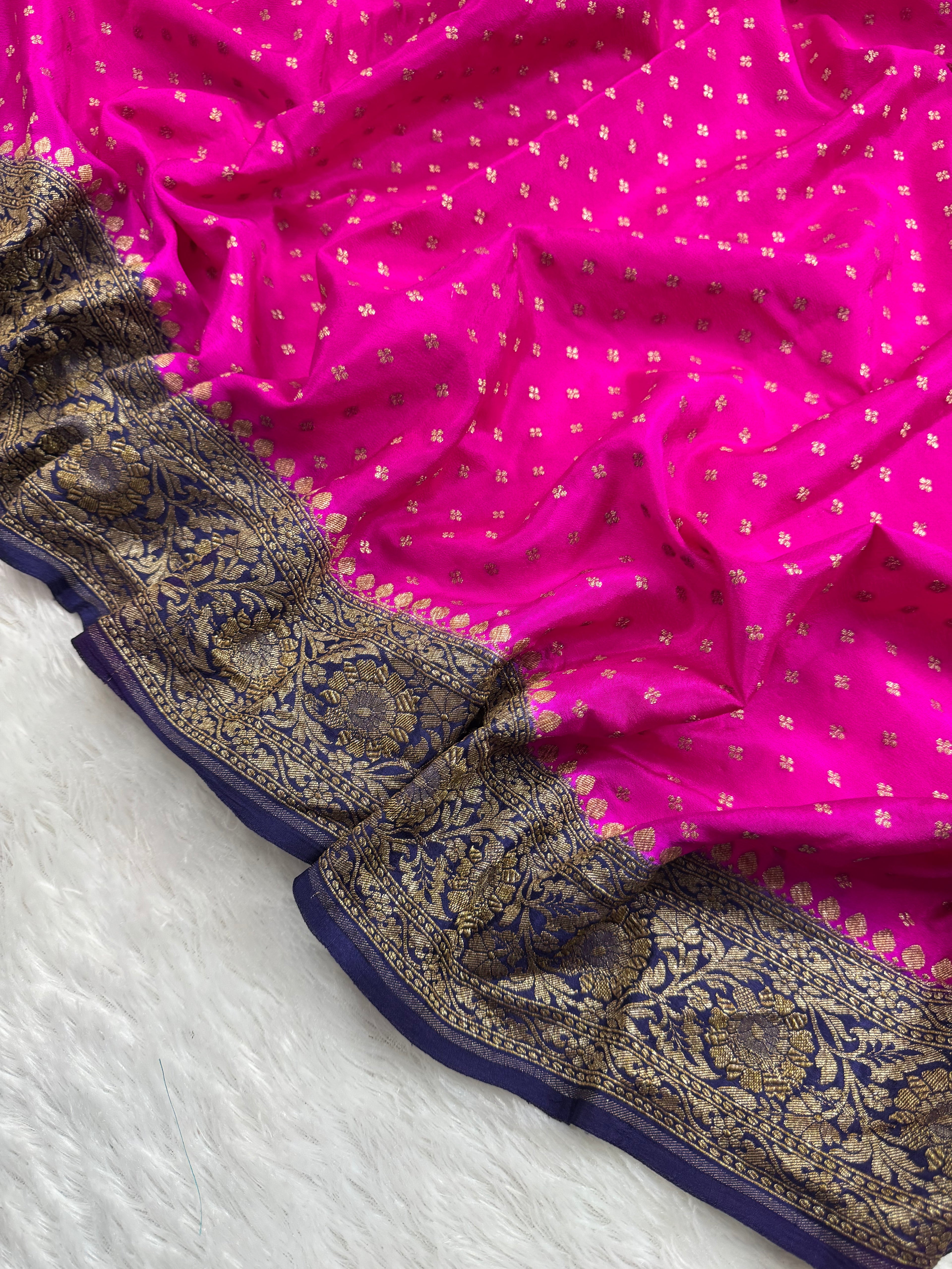 Hot Pink & Navy Blue Pure Khaddi Crep Silk Banarasi Saree