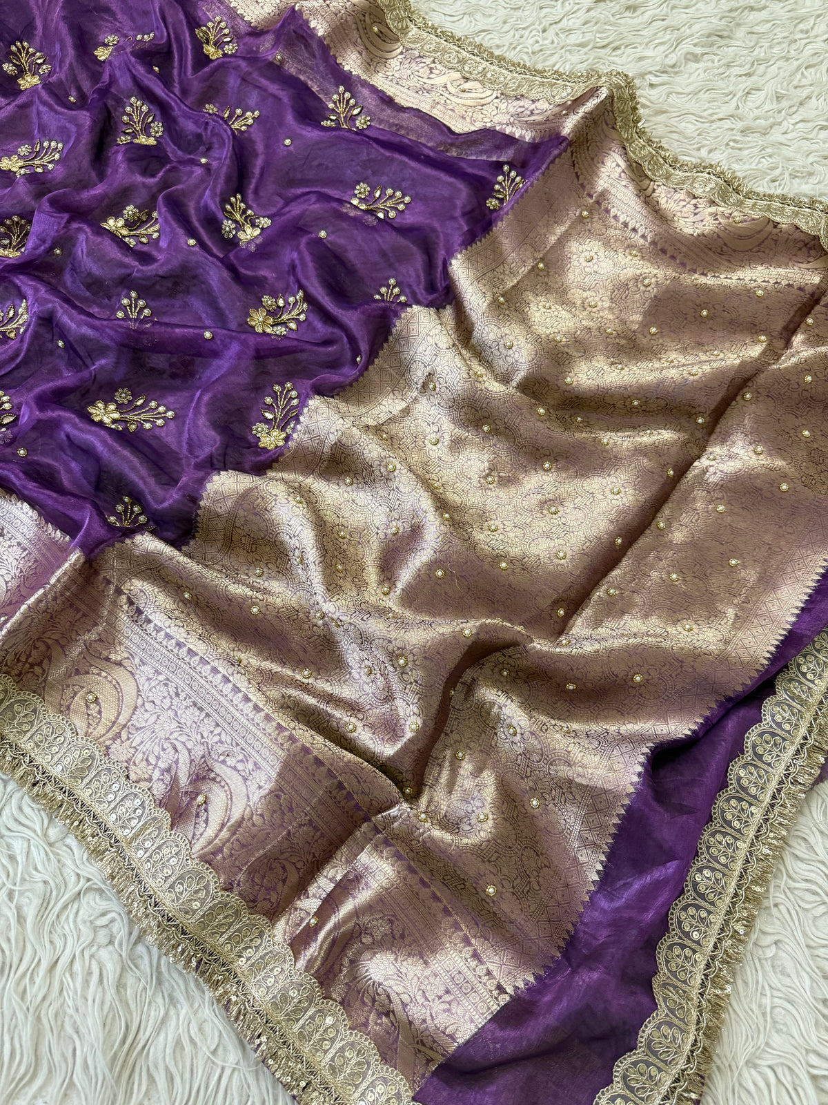 Purple Pure Banarasi Tissue Saree with Hand Work on all over Body with Intricate Border and Pallu Design Along with Gotta Patti Lace Work