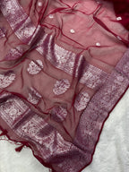 Deep Wine Red Pure Khaddi Chiffon Silk Banarasi Saree