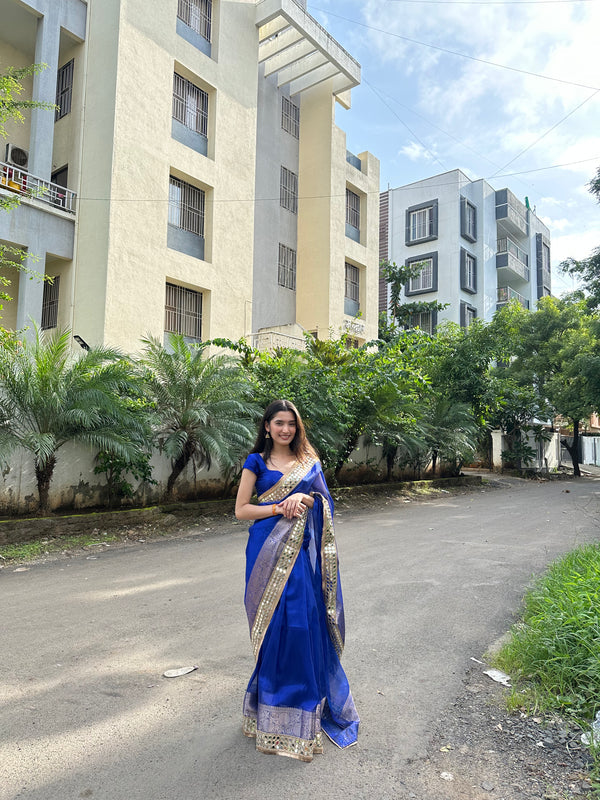 Royal Blue Banarasi Rajkumari Mirror Work Tissue Silk Saree
