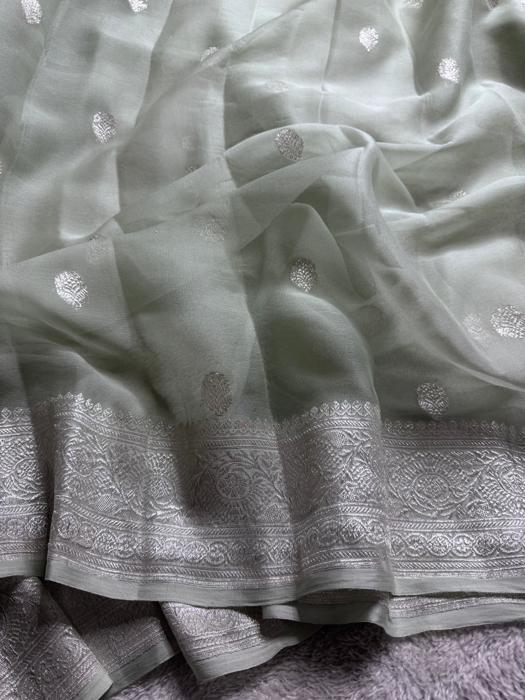 Pista Green Pure Khaddi Chiffon Silk Banarasi Saree