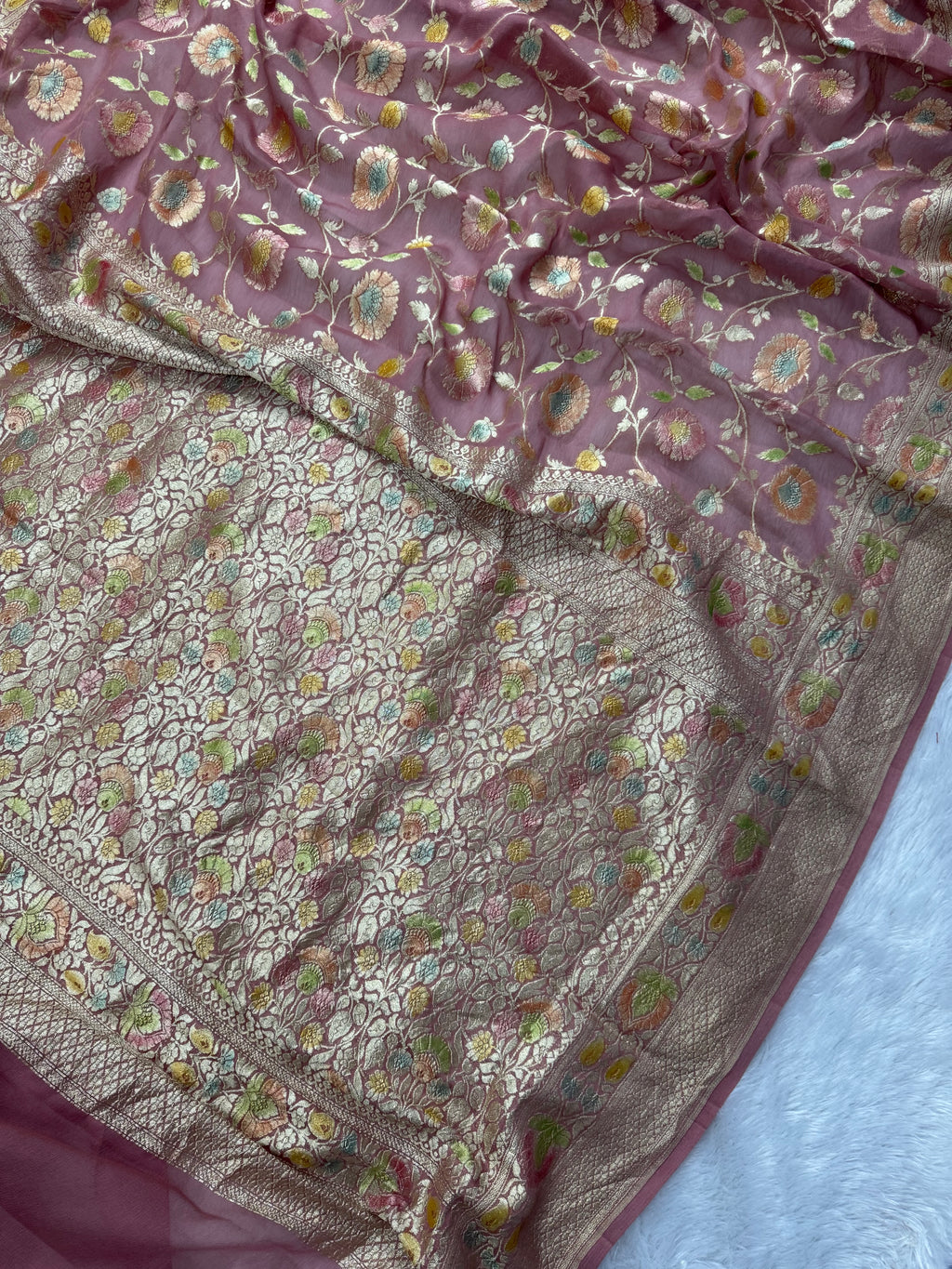 Tea Rose Handbrush Meenakari Pure Khaddi Georgette Silk Banarasi Saree