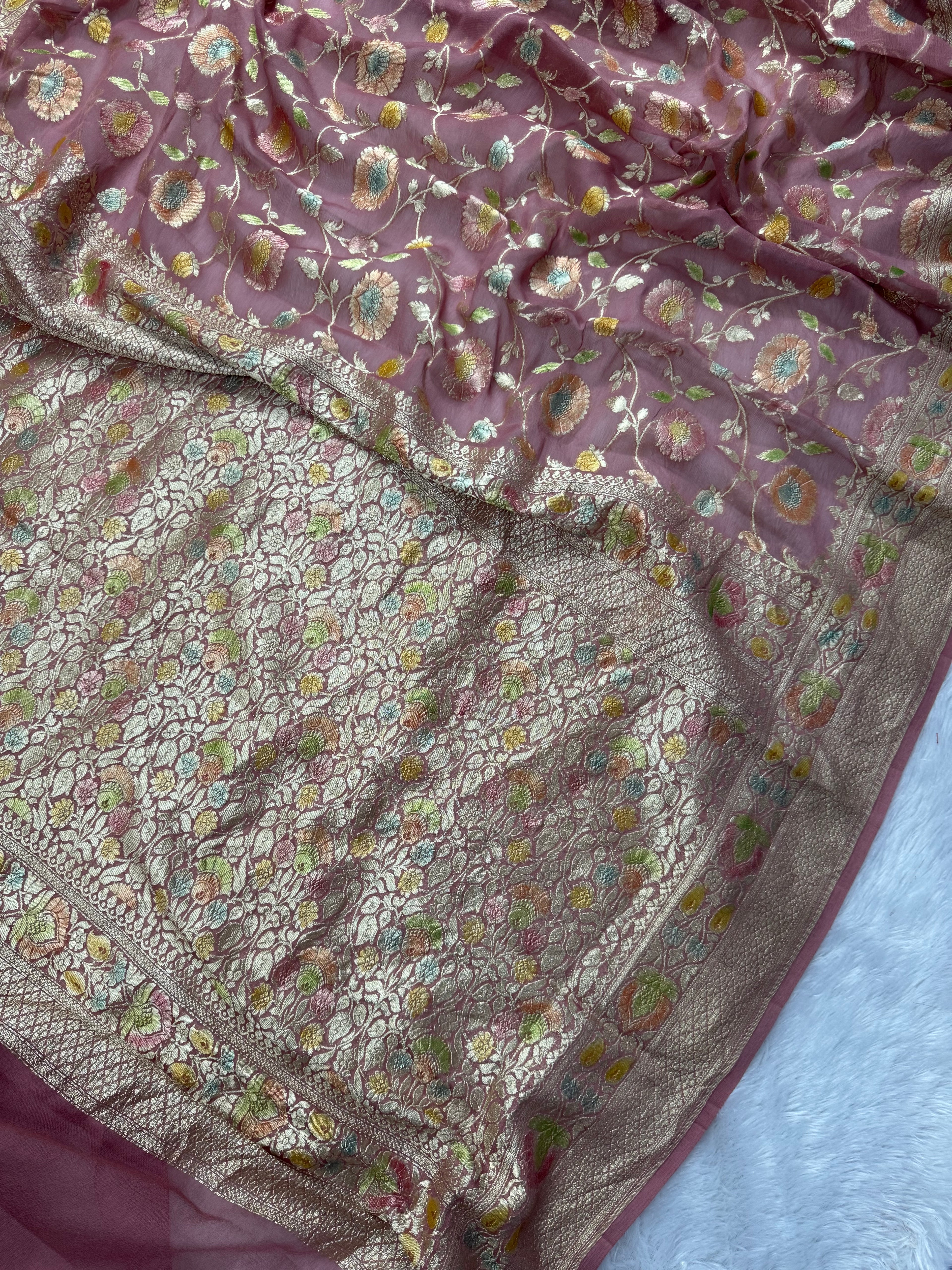 Tea Rose Handbrush Meenakari Pure Khaddi Georgette Silk Banarasi Saree