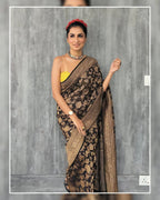 Black Pure Khaddi Georgette Silk Banarasi Saree