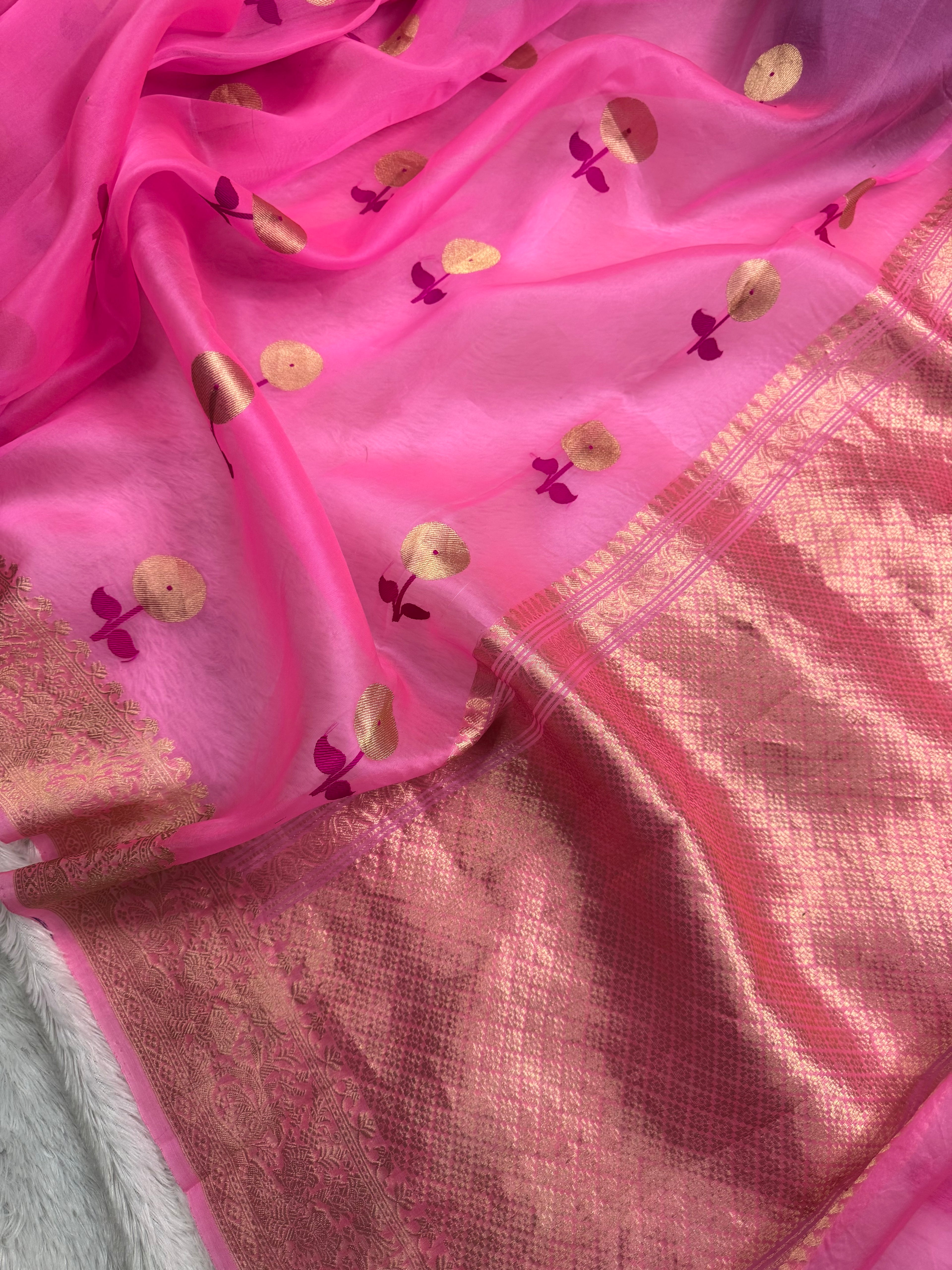 Pink Pure Kora Organza Silk Banarasi Saree