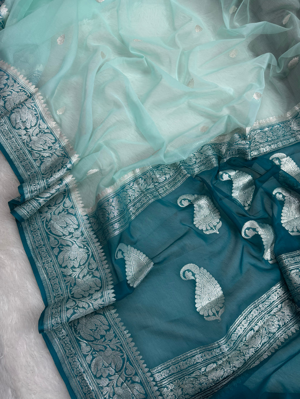 Light Sea Green & Dark Sea Green Pure khaddi Chiffon Silk Banarasi Saree