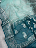 Light Sea Green & Dark Sea Green Pure khaddi Chiffon Silk Banarasi Saree