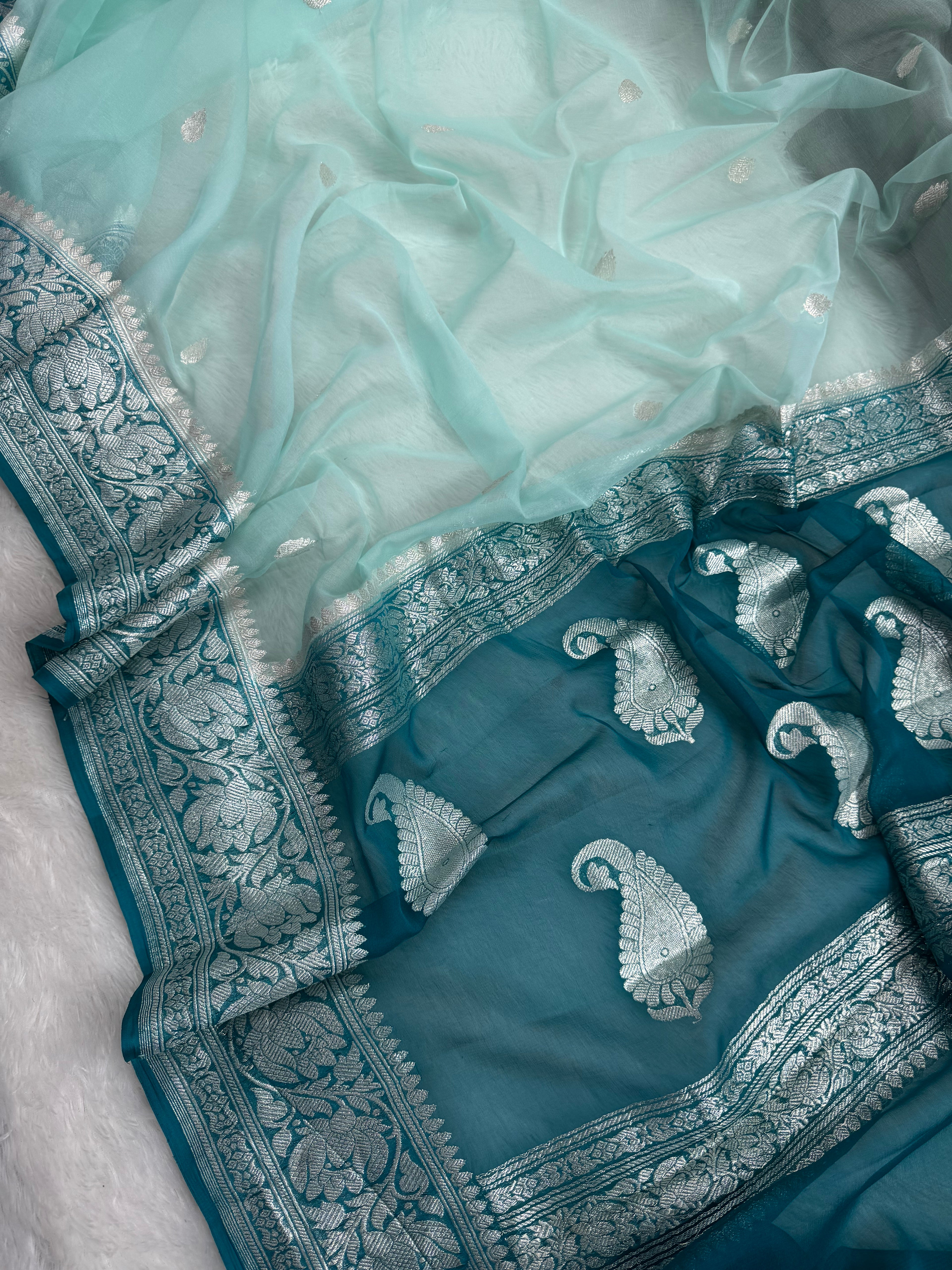 Light Sea Green & Dark Sea Green Pure khaddi Chiffon Silk Banarasi Saree