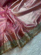 Blush Pink Tissue Silk Banarasi Saree With Designer Lace Work