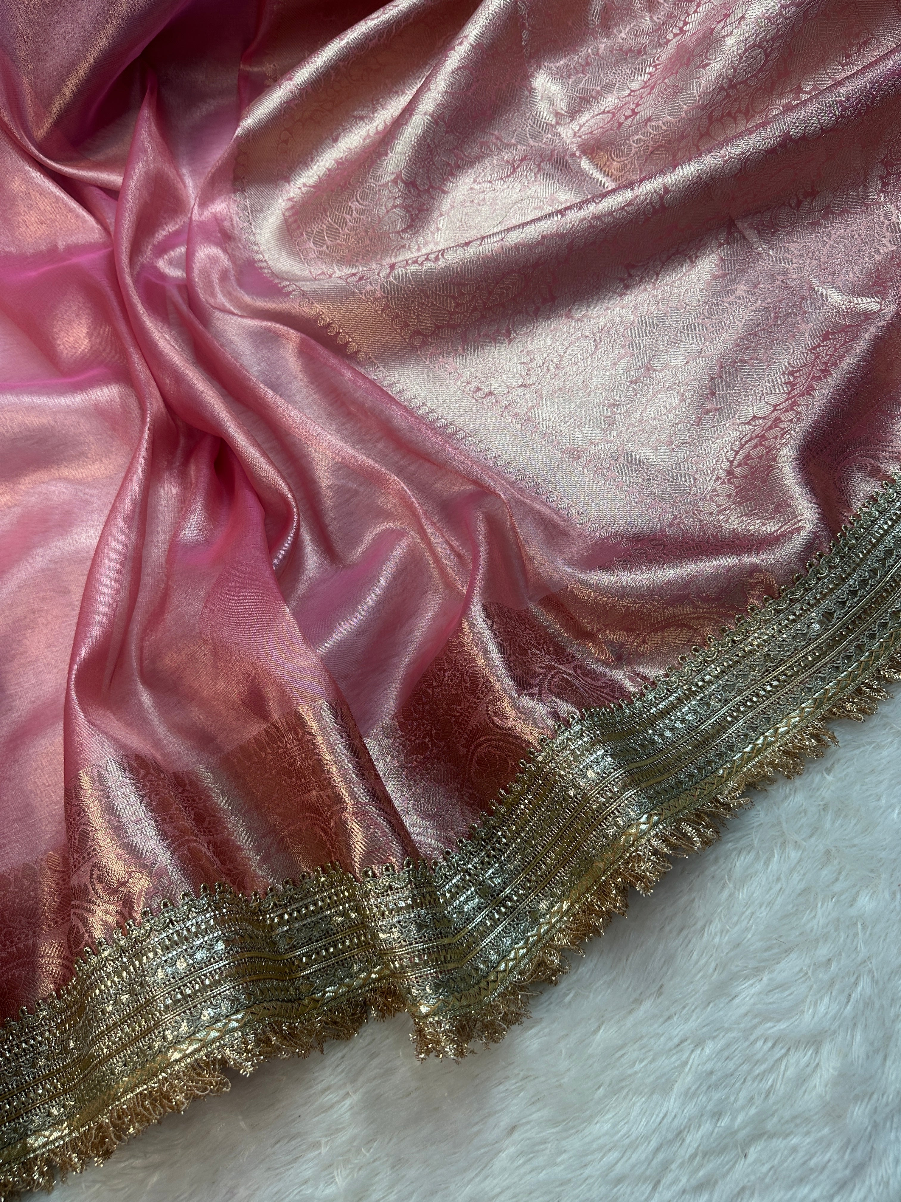 Blush Pink Tissue Silk Banarasi Saree With Designer Lace Work