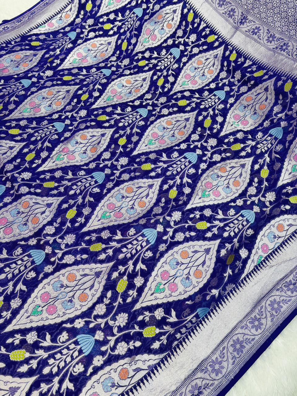 Blue Pure Tusser Georgette With Floral Meenakari Jall Banarasi Saree