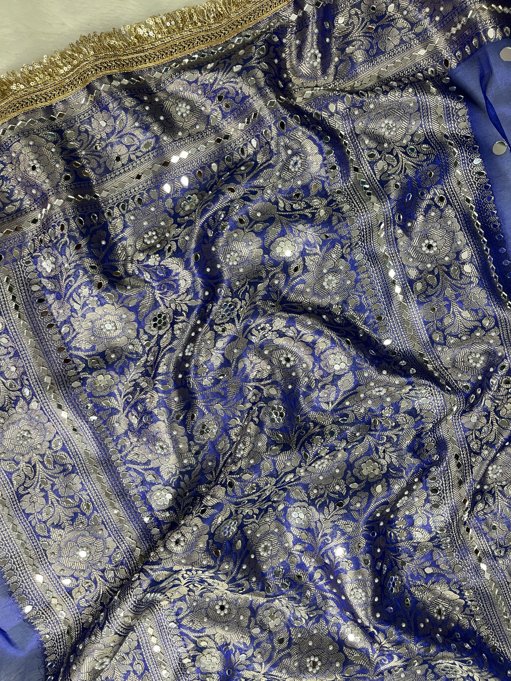 Royal Blue Mirror Work Beautiful lace Border Tissue Silk Banarasi Saree