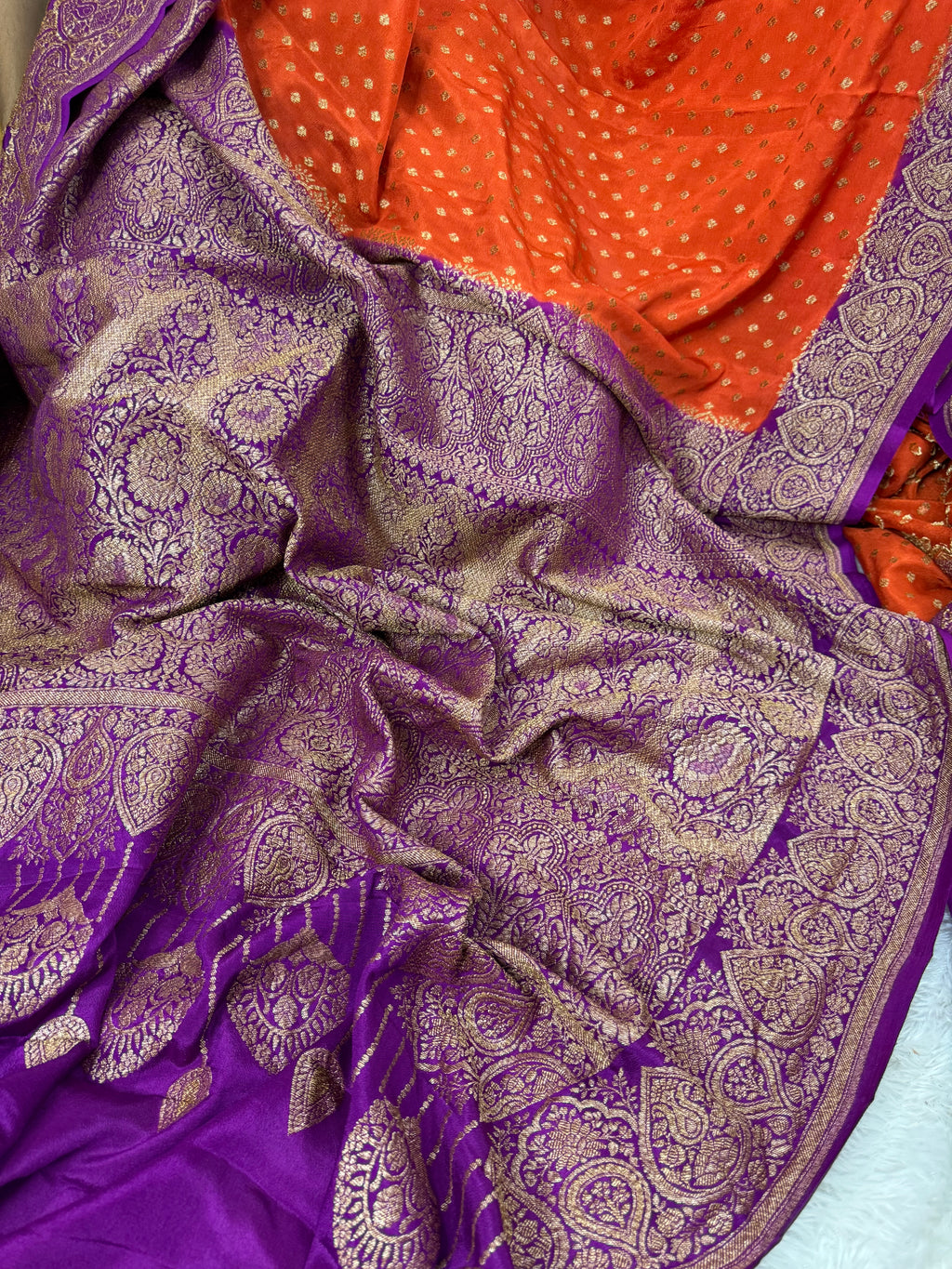 Rust Orange & Jamuni Pure Khaddi Crep Silk Banarasi Saree