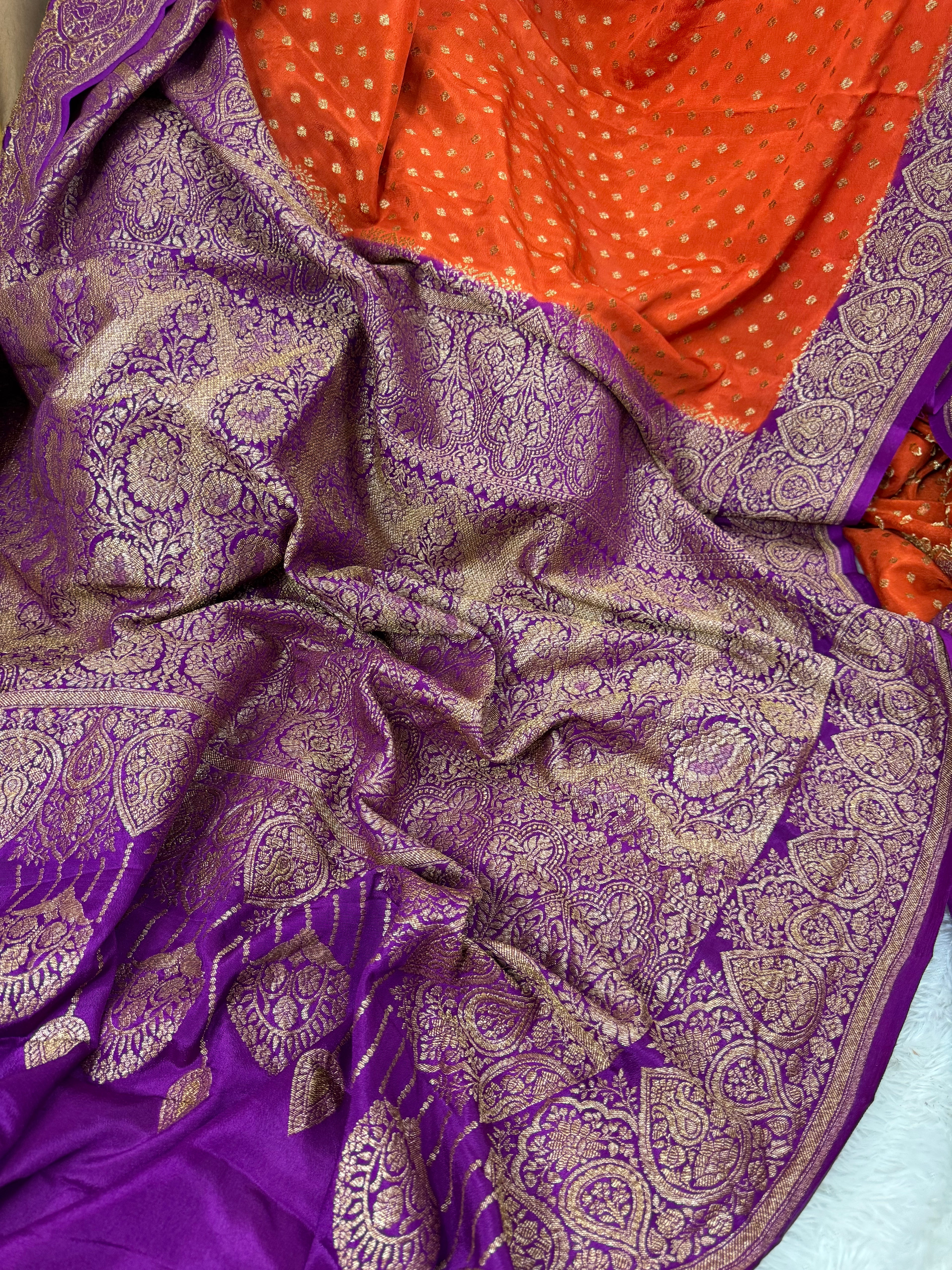 Rust Orange & Jamuni Pure Khaddi Crep Silk Banarasi Saree