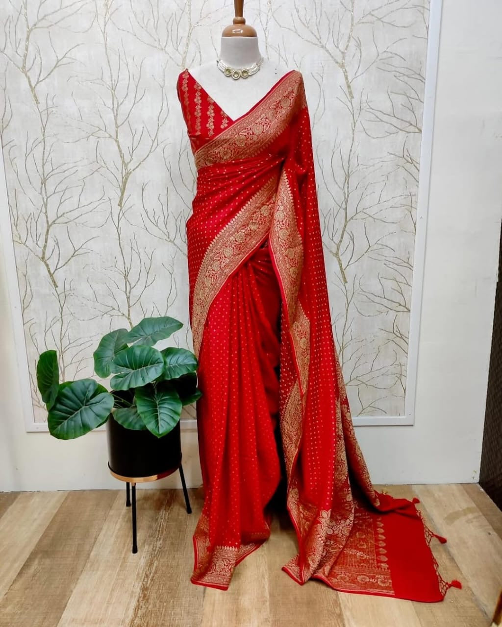Red Pure Khaddi Crep Silk Banarasi Saree