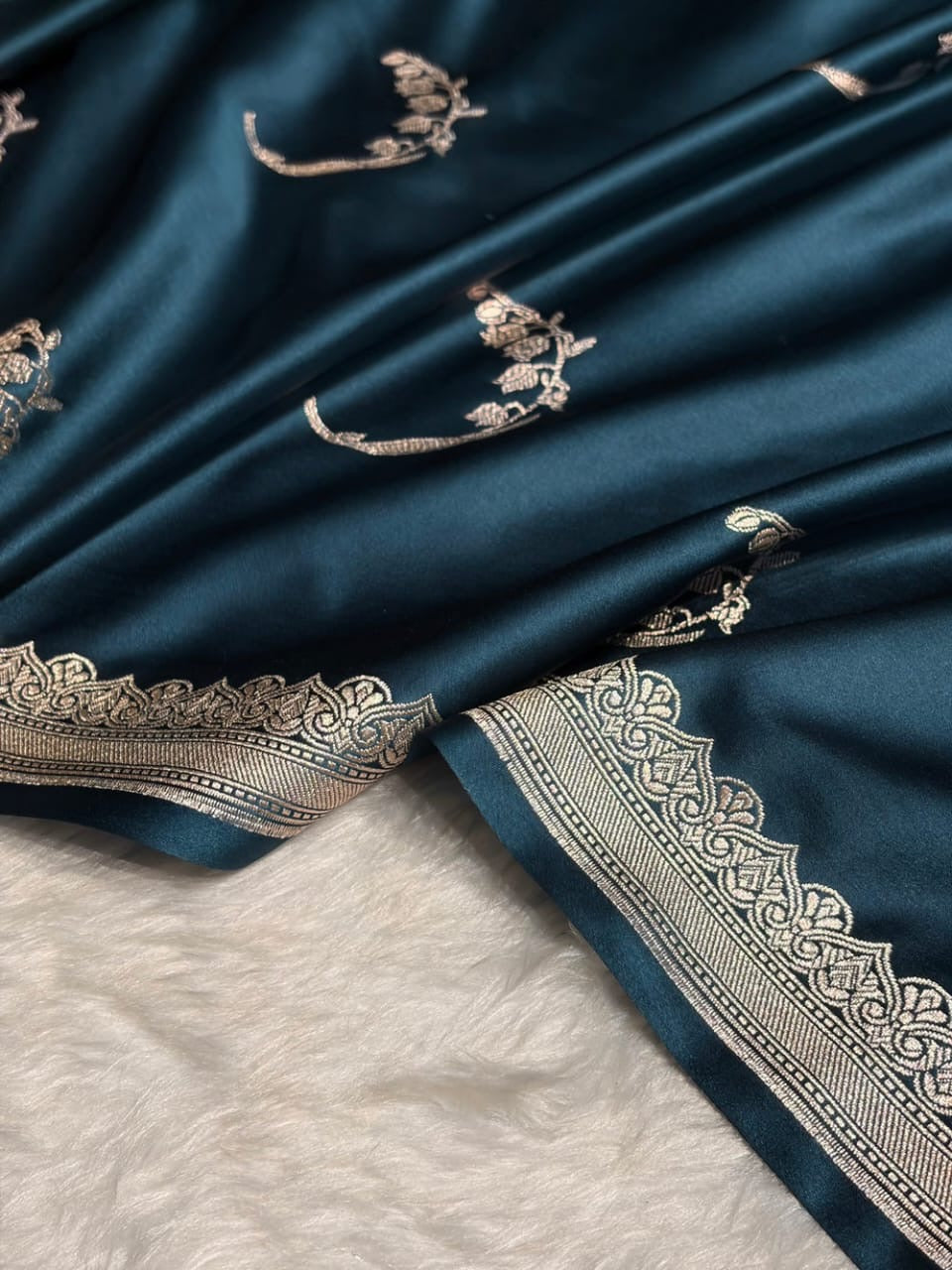 Teal Blue Mashru Katan Silk Banarasi Saree