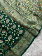 Bottle Green Handbrush Meenakari Pure Khaddi Georgette Silk Banarasi Saree