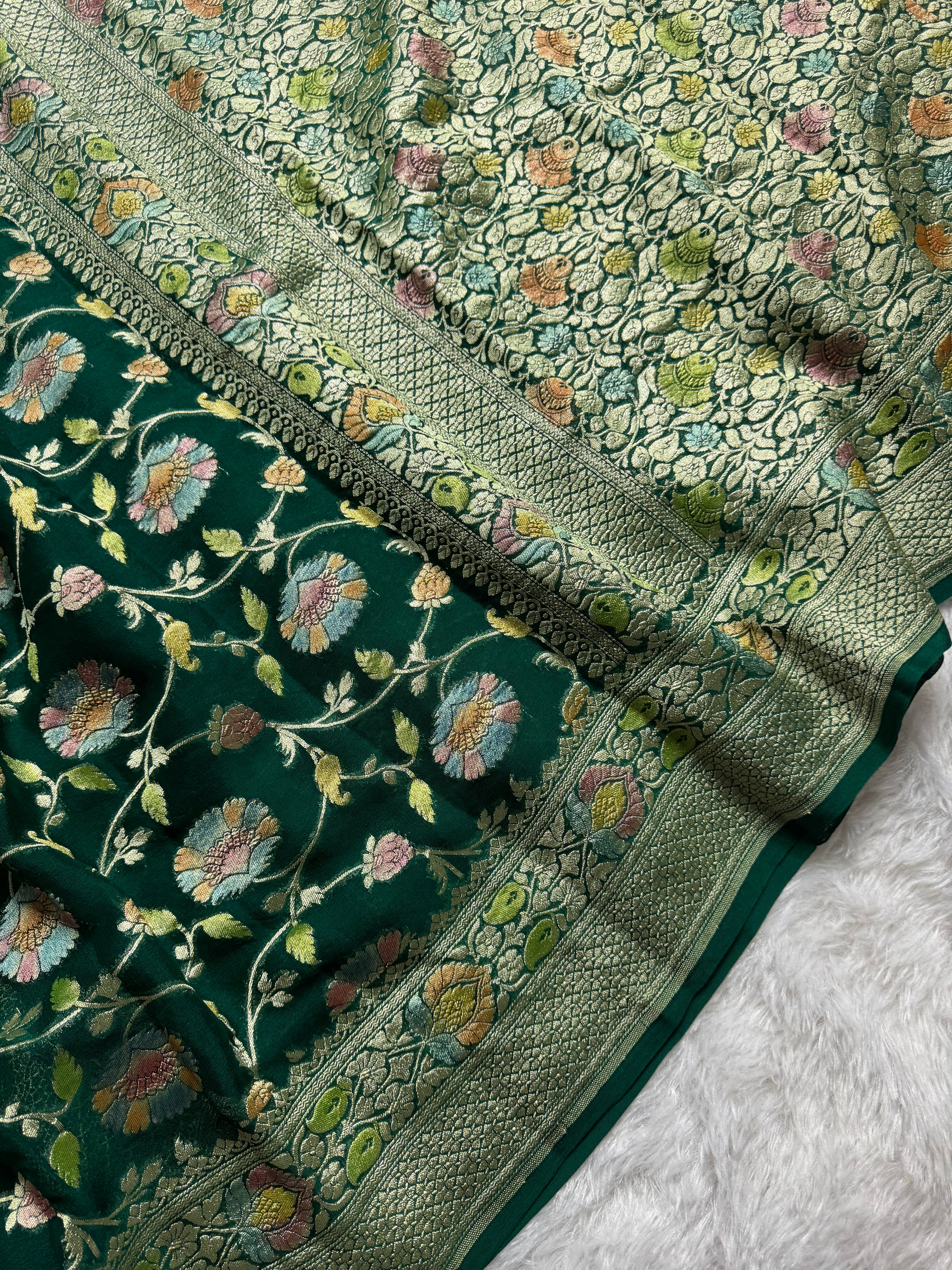 Bottle Green Handbrush Meenakari Pure Khaddi Georgette Silk Banarasi Saree