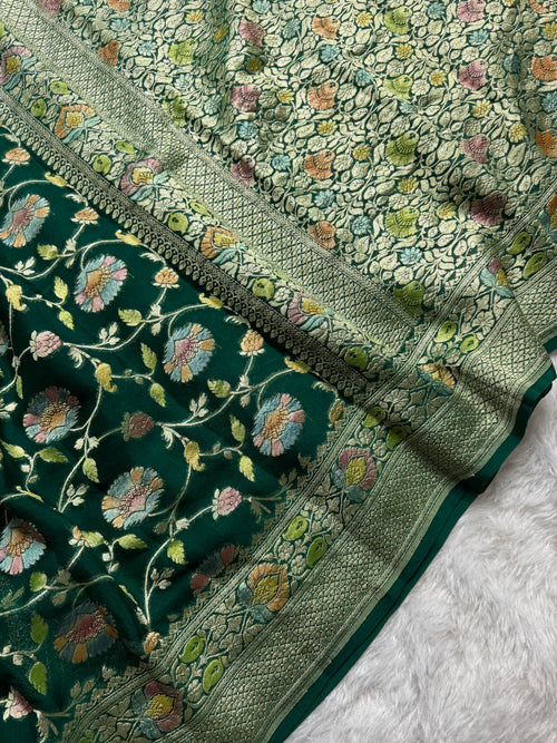 Bottle Green Handbrush Meenakari Pure Khaddi Georgette Silk Banarasi Saree