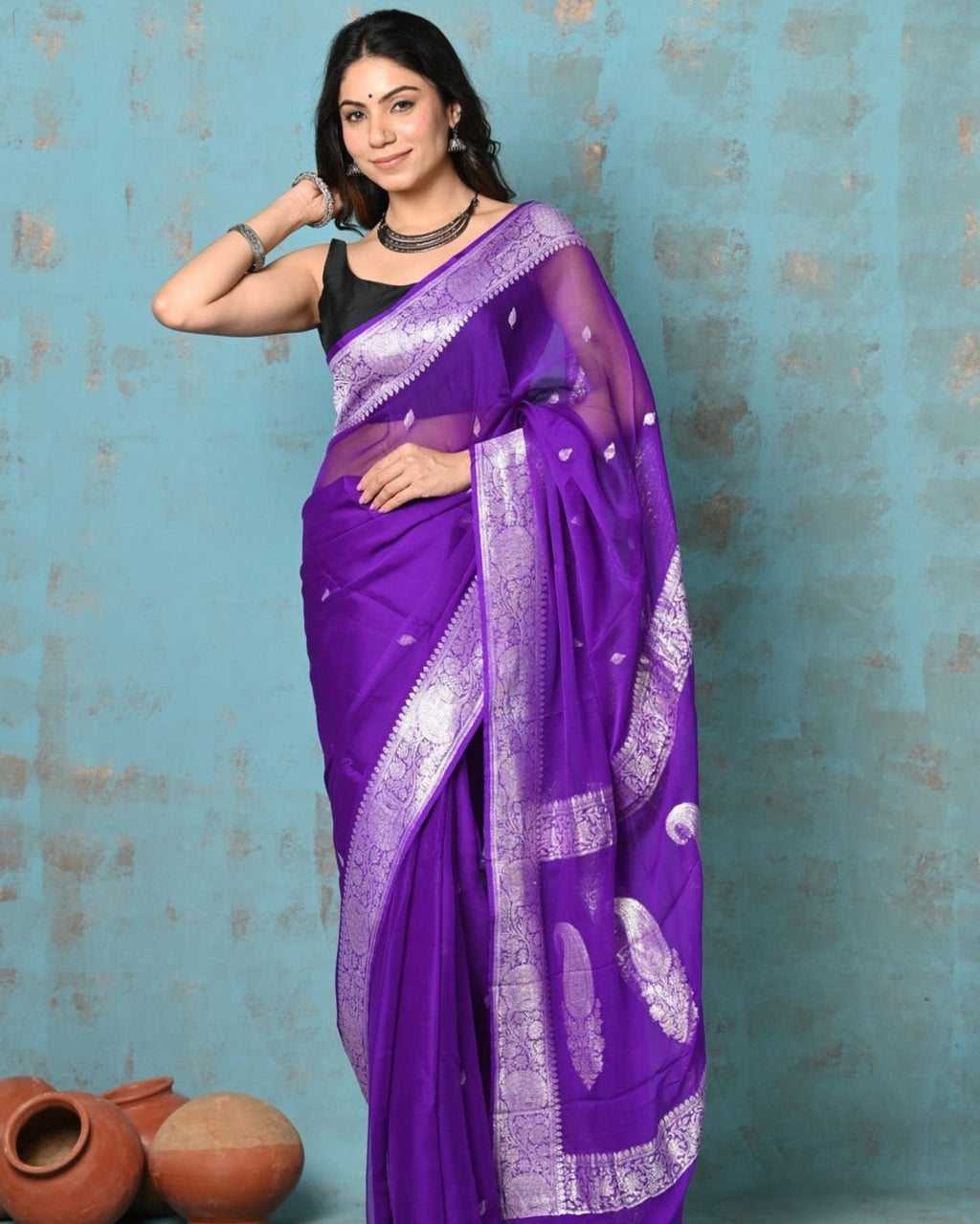 Purple Pure Khaddi Chiffon Silk Banarasi Saree