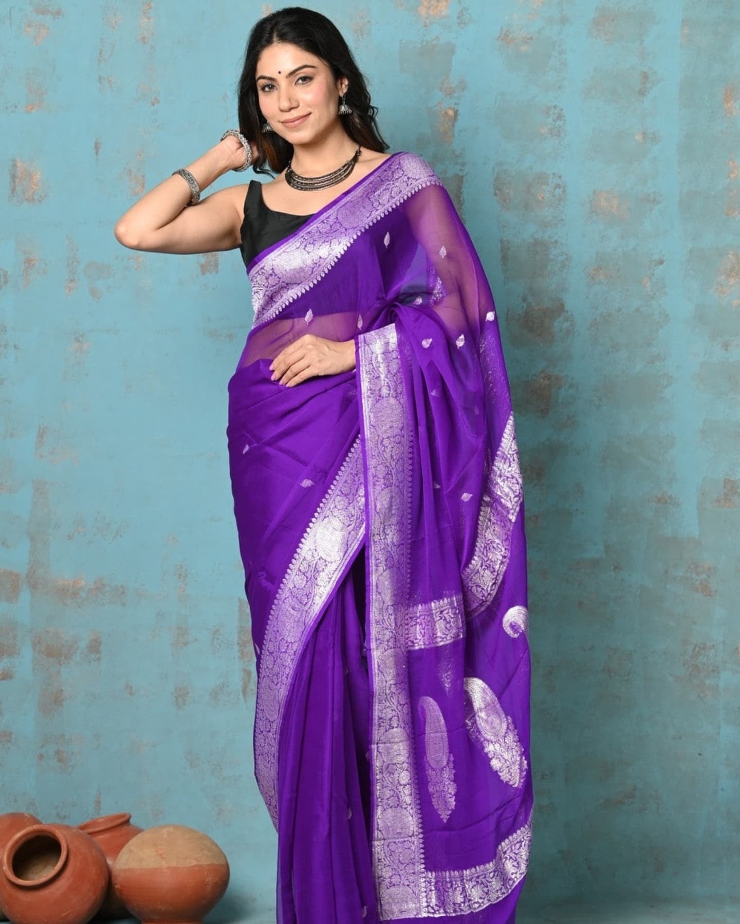 Purple Pure Khaddi Chiffon Silk Banarasi Saree