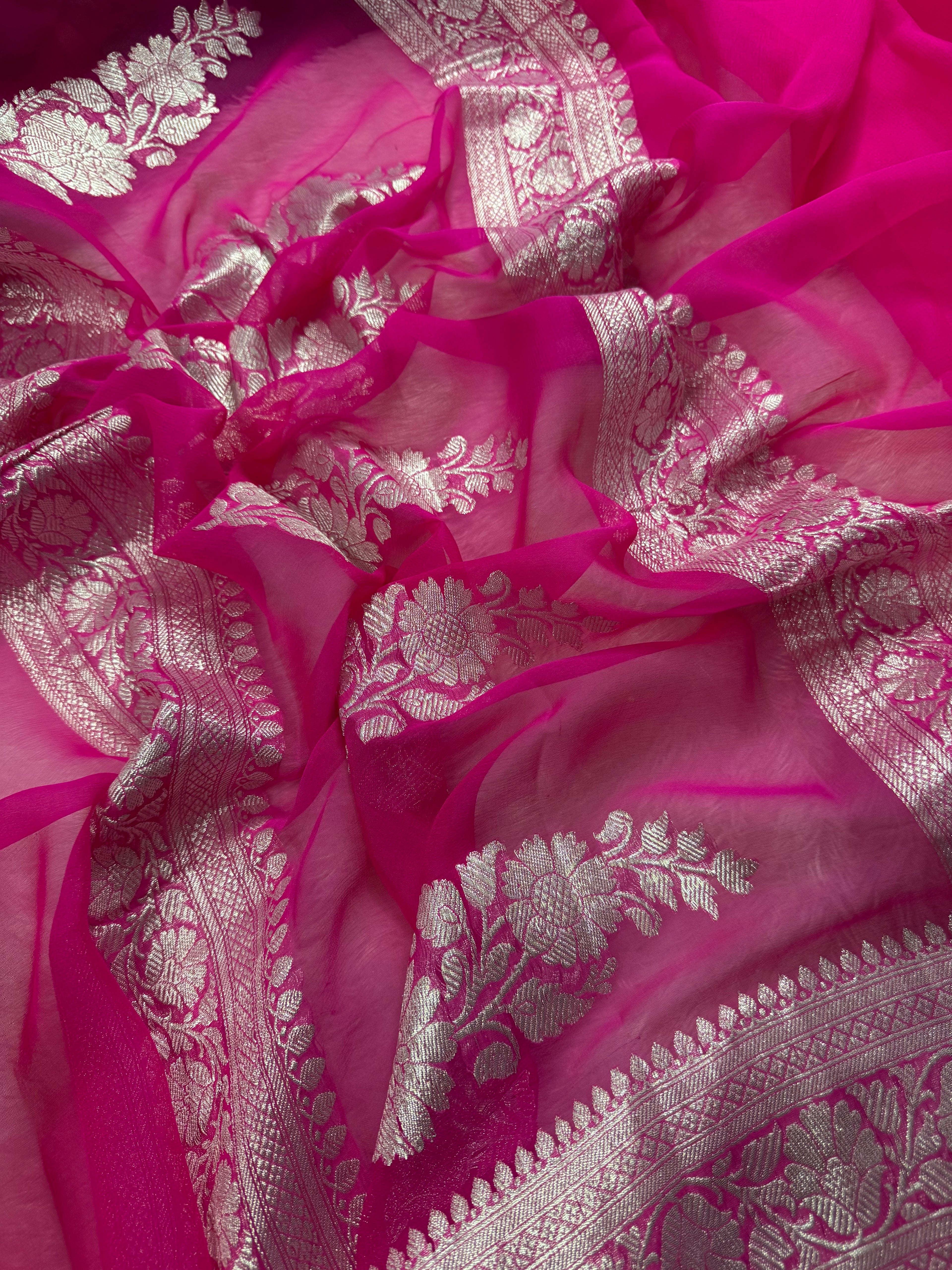 Hot Pink Pure Khaddi Chiffon Silk Banarasi Saree
