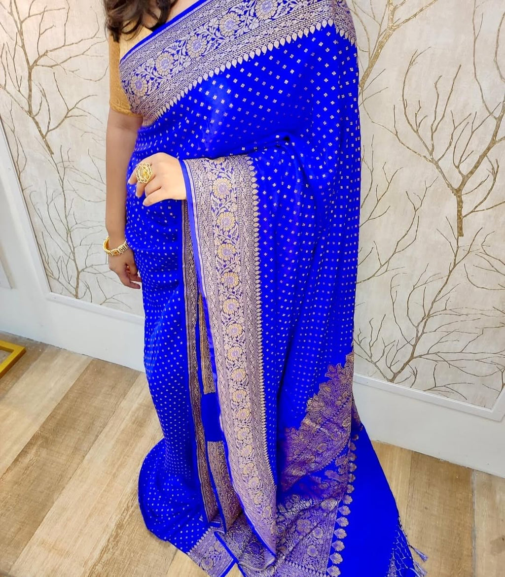 Royal Blue Pure Khaddi Crep Silk Banarasi Saree