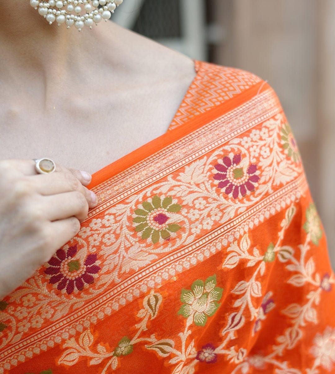 Fanta Orange Pure Khaddi Chiffon Silk Banarasi Saree
