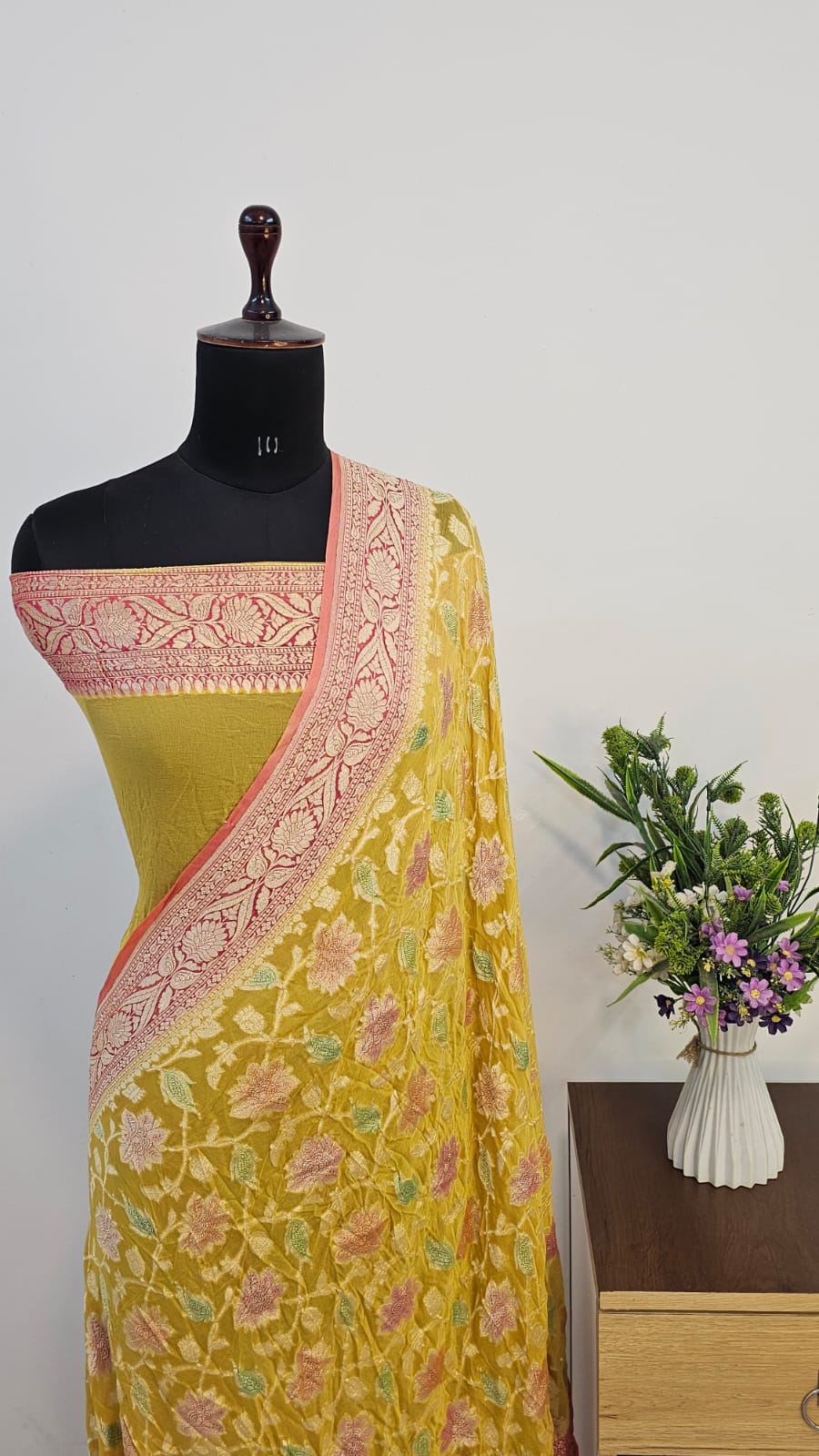 Lemon Handbrush Meenakari Pure Khaddi Georgette Silk Banarasi Saree