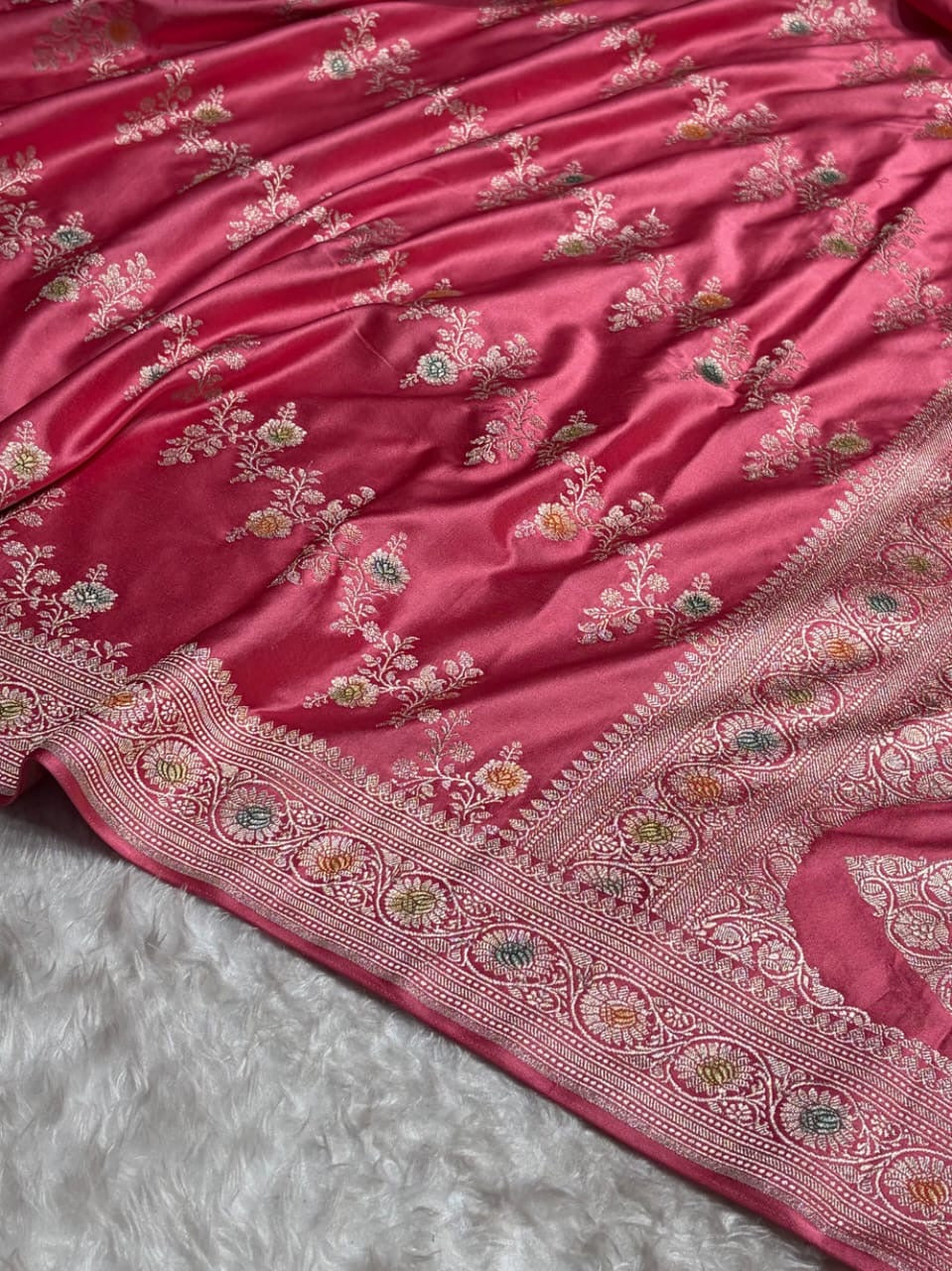 Baby Pink Meenakri Mashru Katan Silk Banarasi Saree