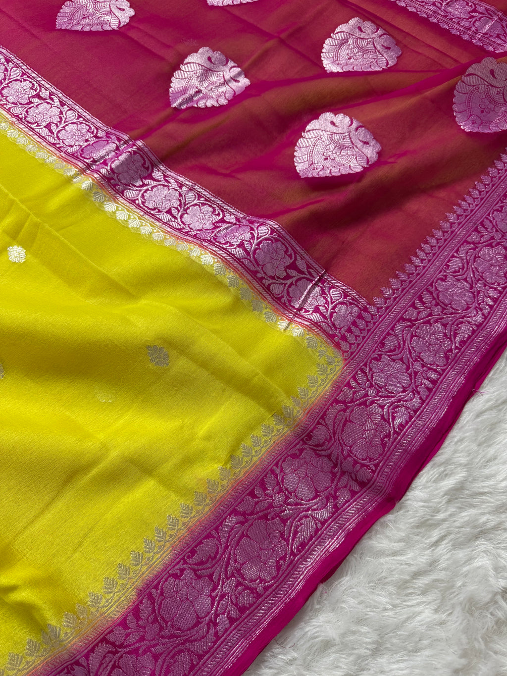 Yellow & Rani Pink Pure Khaddi Chiffon Silk Banarasi Saree