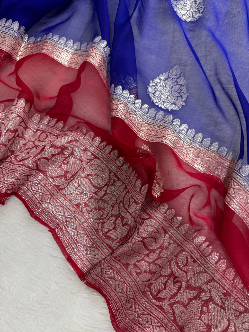 Royal Blue & Red Double Borders Pure Khaddi Chiffon Silk Banarasi Saree