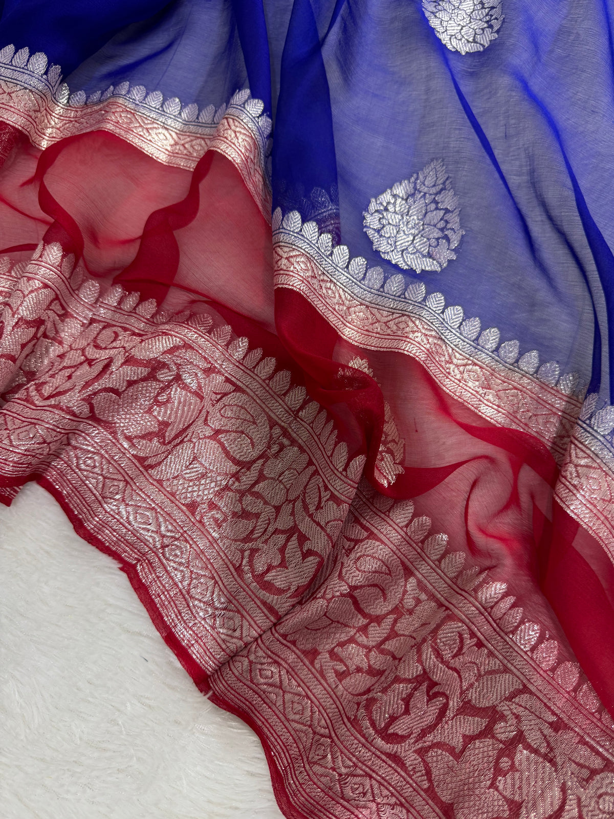 Royal Blue & Red Double Borders Pure Khaddi Chiffon Silk Banarasi Saree