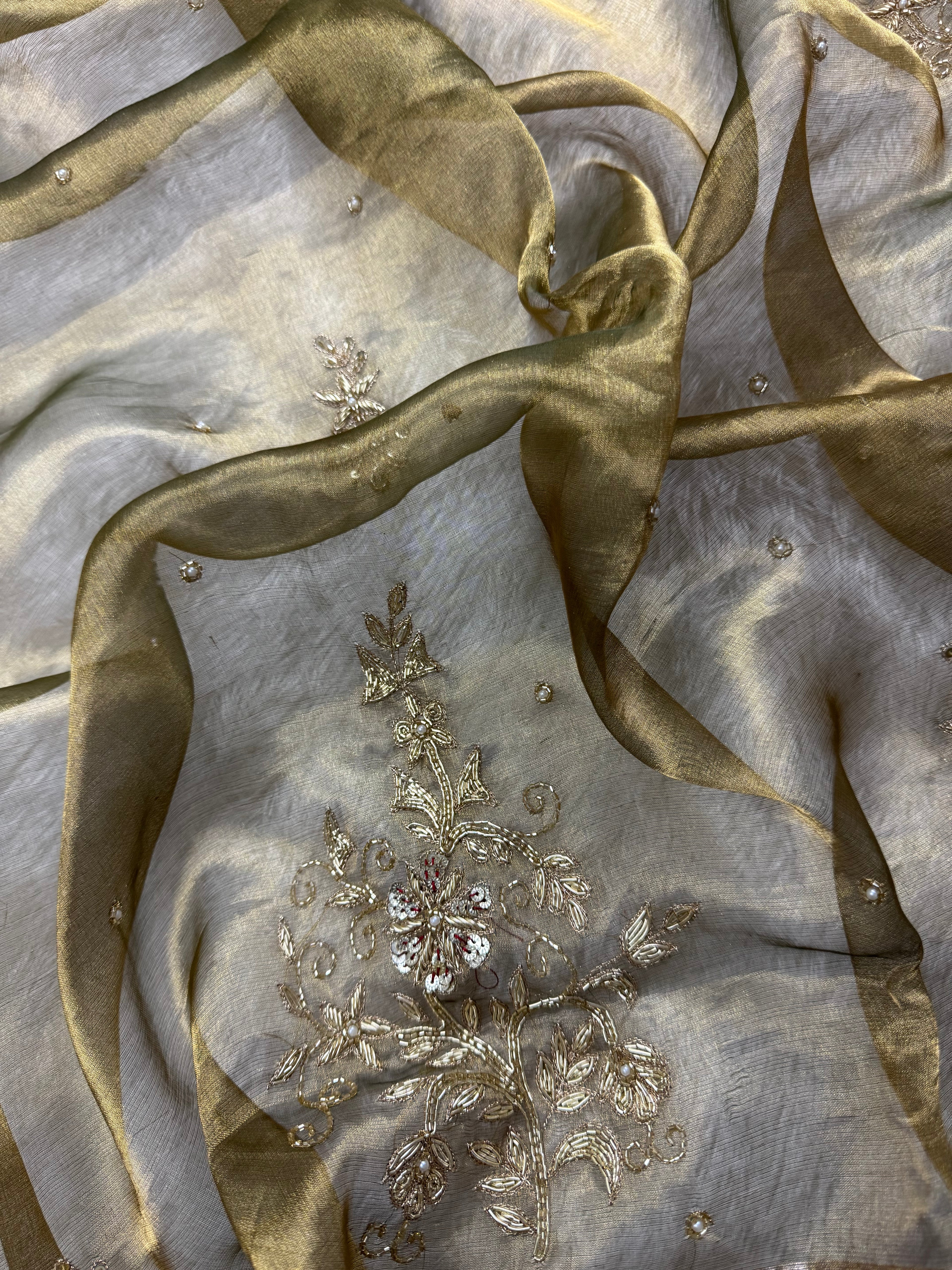 Olive Gold Pure Tissue Silk Banarasi Zardozi Work Saree
