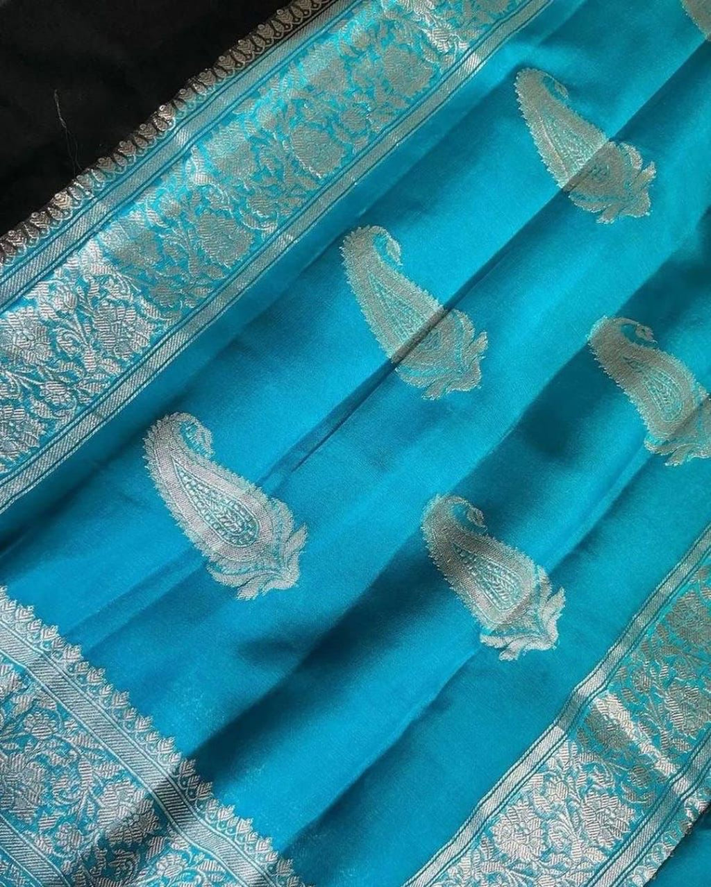 Firozi & Black Pure Khaddi Chiffon Silk Banarasi Saree