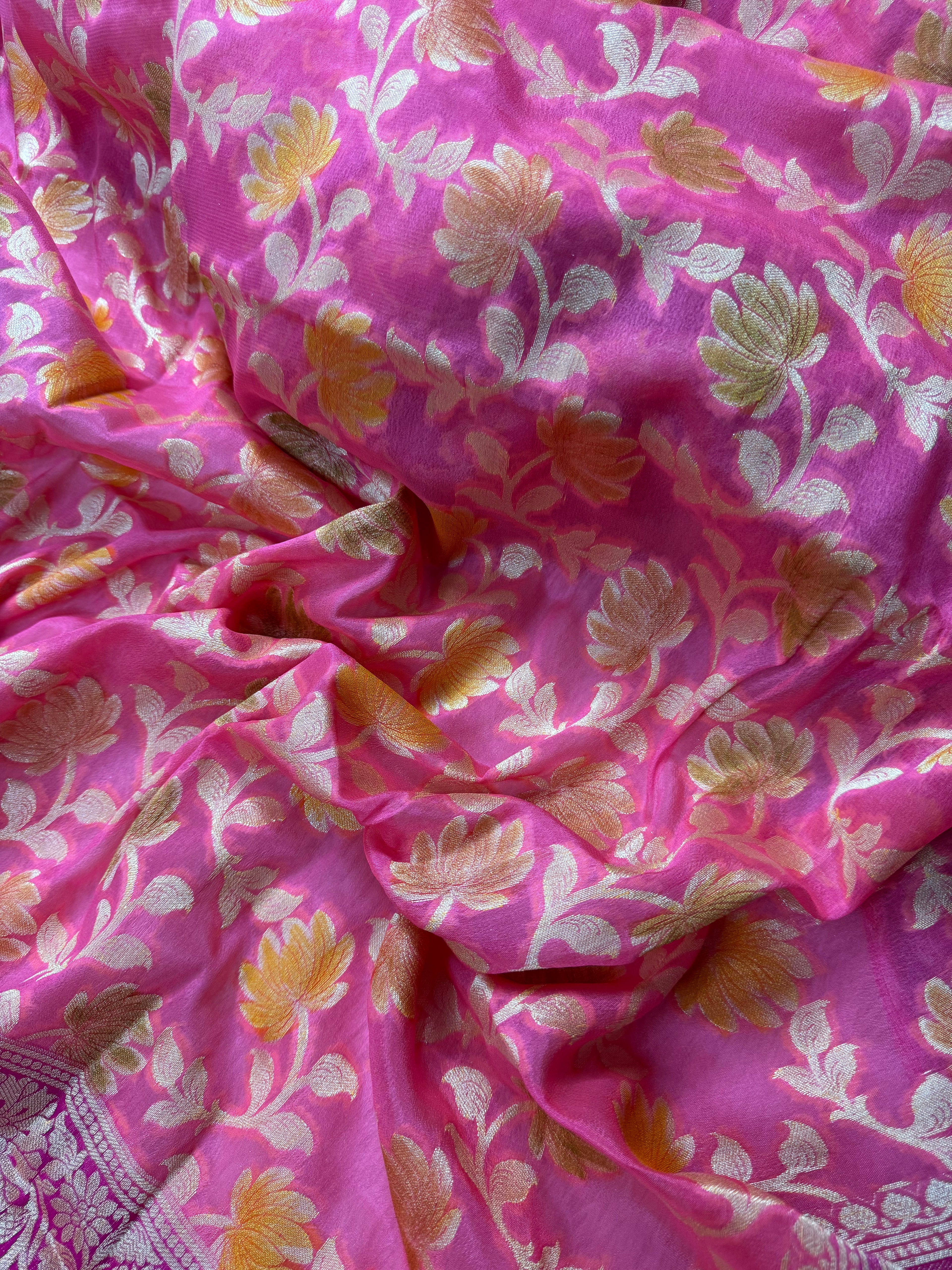 Rani & Pink Handbrush Meenakari Pure Chiffon Silk Banarasi Saree