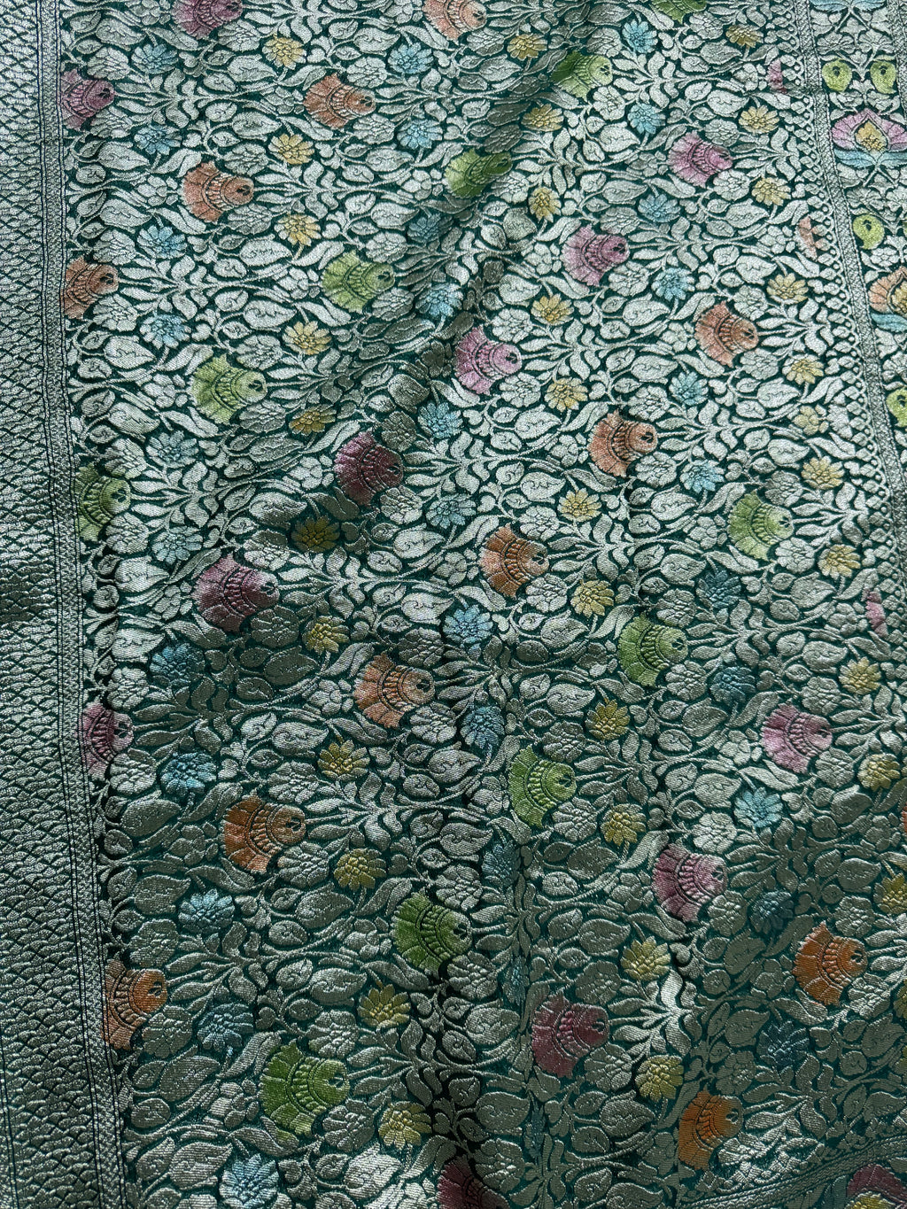 Bottle Green Handbrush Meenakari Pure Khaddi Georgette Silk Banarasi Saree
