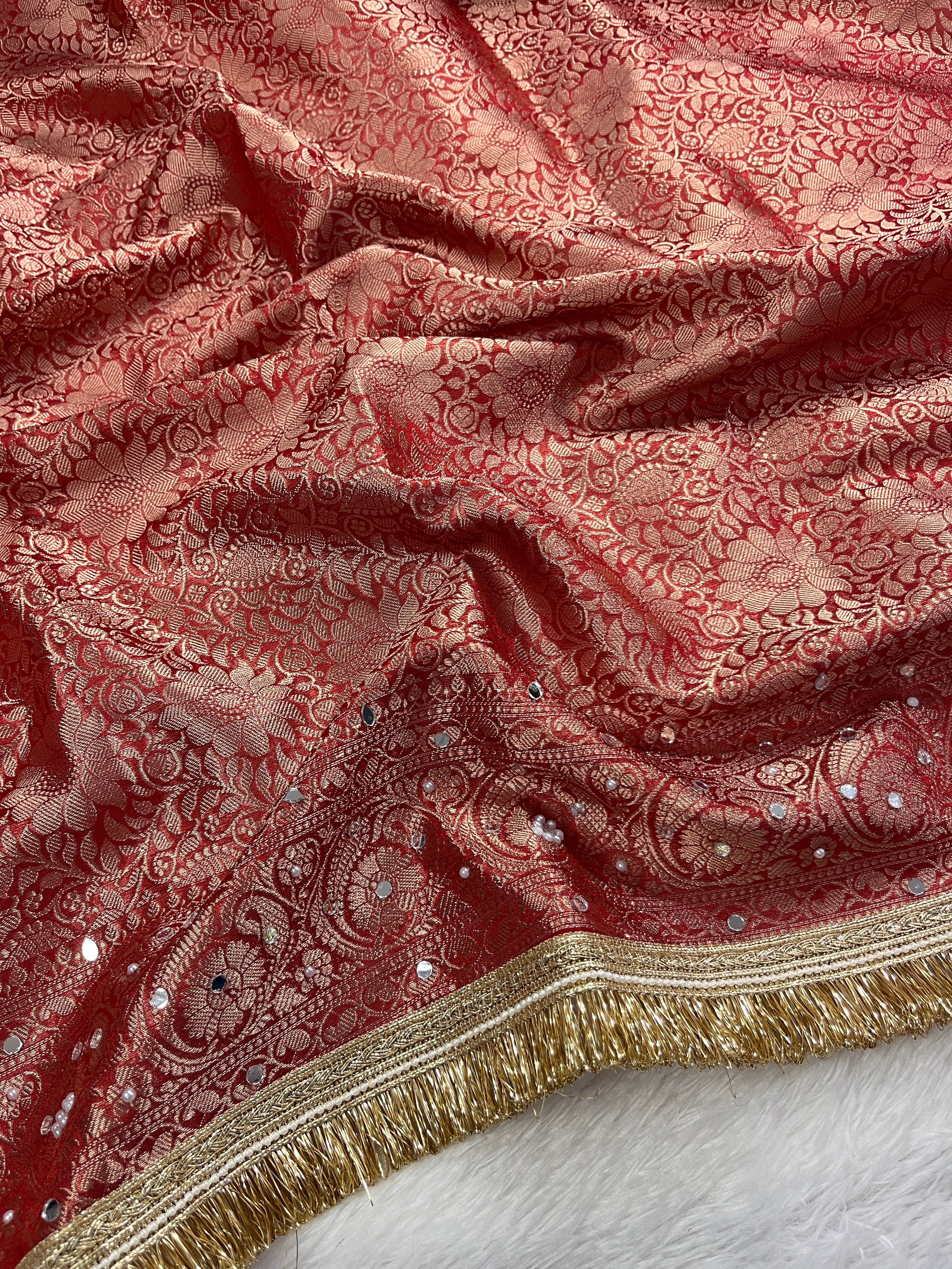 Red Tissue Silk Saree With Mirror & Pearl Work & Designer Lace Border